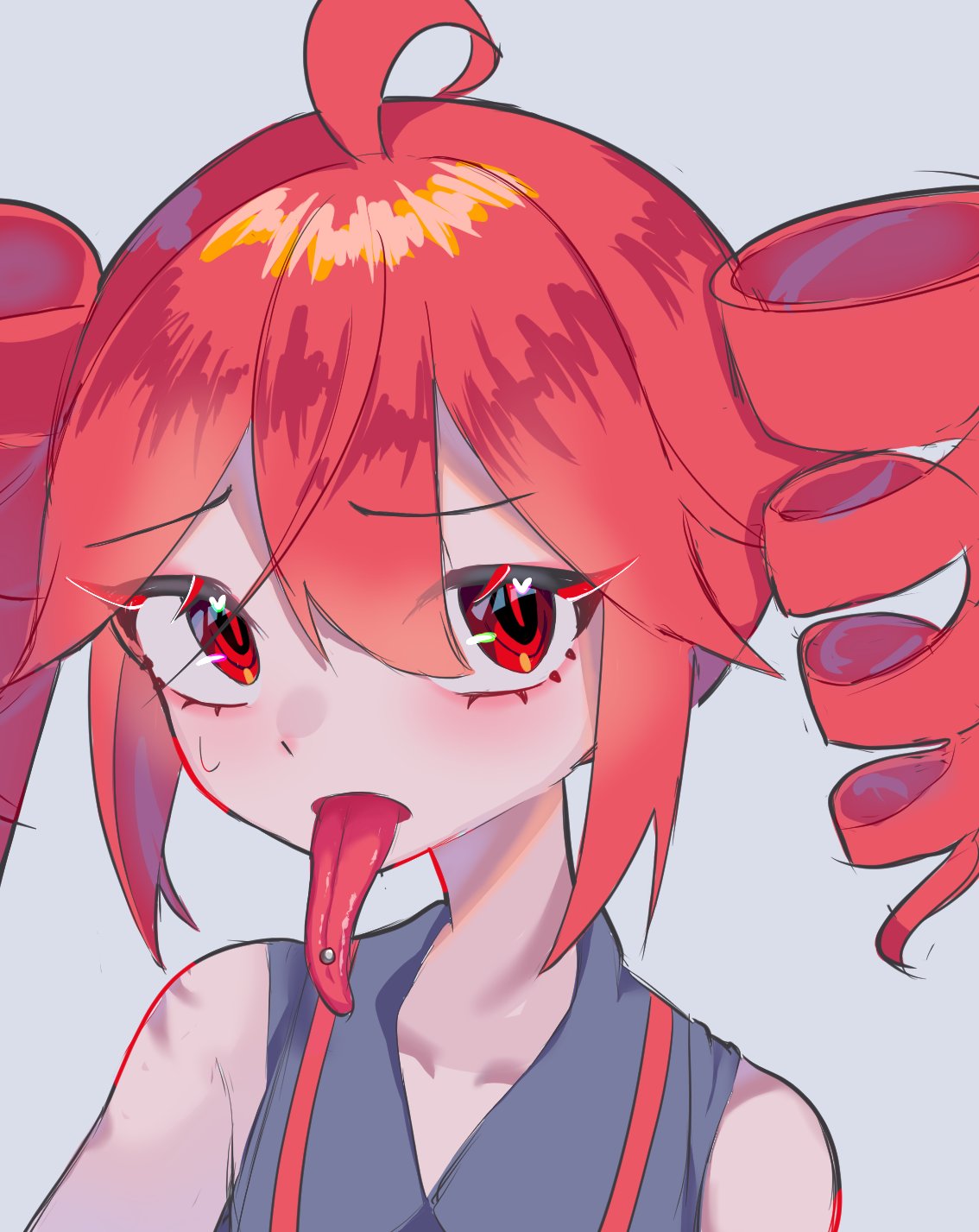 kasane teto, utau, artist request, highres, tagme, 1girl, long tongue, looking at viewer, piercing, red eyes, red hair, tongue, tongue out, tongue piercing