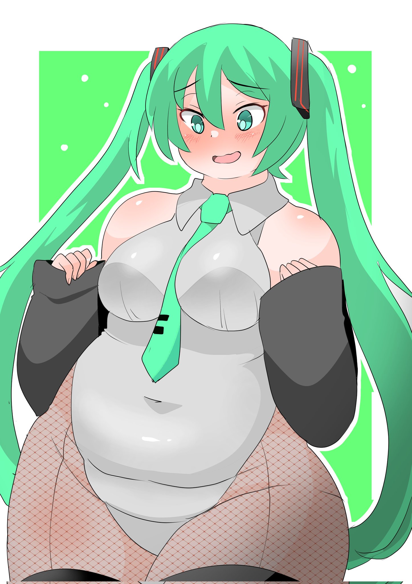 toyishiki shizuoka, hatsune miku, vocaloid, highres, 1girl, aqua eyes, between breasts, black sleeves, black thighhighs, blush, breasts, collared leotard, covered navel, detached sleeves, fishnet pantyhose, fishnets, green background, green eyes, green hair, green necktie, grey leotard, hair ornament, leotard, long hair, long twintails, medium breasts, necktie, necktie between breasts, open mouth, pantyhose, plump, sleeves past wrists, solo, standing, thick thighs, thighhighs, thighs, twintails, virtual youtuber, wide hips