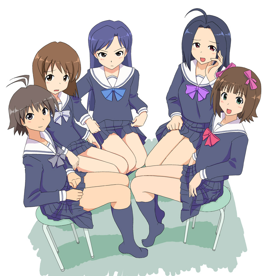 amami haruka, hagiwara yukiho, kikuchi makoto, kisaragi chihaya, miura azusa, idolmaster, idolmaster (classic), 00s, 5girls, antenna hair, black eyes, black hair, blue hair, brown eyes, brown hair, green hair, legs, long hair, multiple girls, red eyes, school uniform, serafuku, short hair, sitting, socks