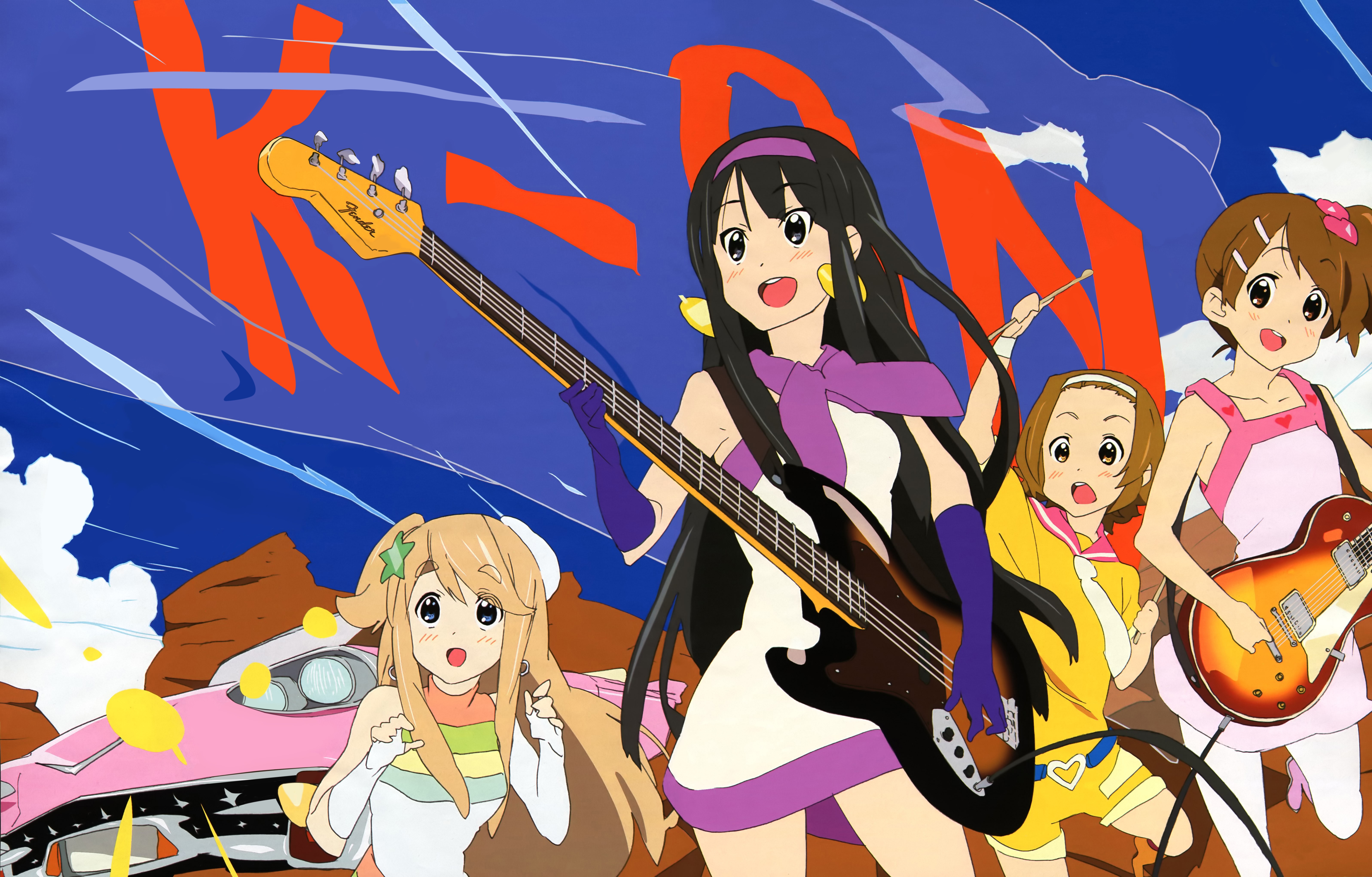 ishidate taichi, akiyama mio, hirasawa yui, kotobuki tsumugi, tainaka ritsu, cadillac, fuwafuwa time, k-on!, white legwear, absurdres, detexted, highres, official art, third-party edit, 00s, 4girls, bass guitar, black eyes, black hair, blonde hair, blue eyes, brown eyes, brown hair, car, casual, drumsticks, elbow gloves, electric guitar, gibson les paul, gloves, guitar, hairband, headband, ho-kago tea time, instrument, long hair, mod fashion, motor vehicle, multiple girls, pantyhose, short hair, very long hair