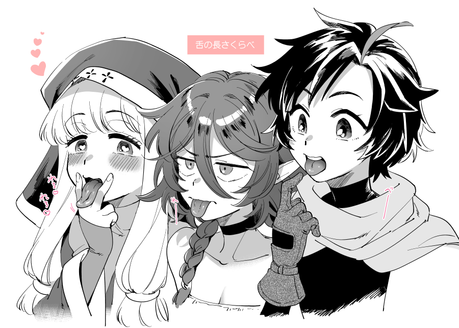 yukataro, manuba (yukataro), senri (yukataro), spica (yukataro), tagme, 3girls, cunnilingus gesture, long tongue, multiple girls, tongue, tongue out, v