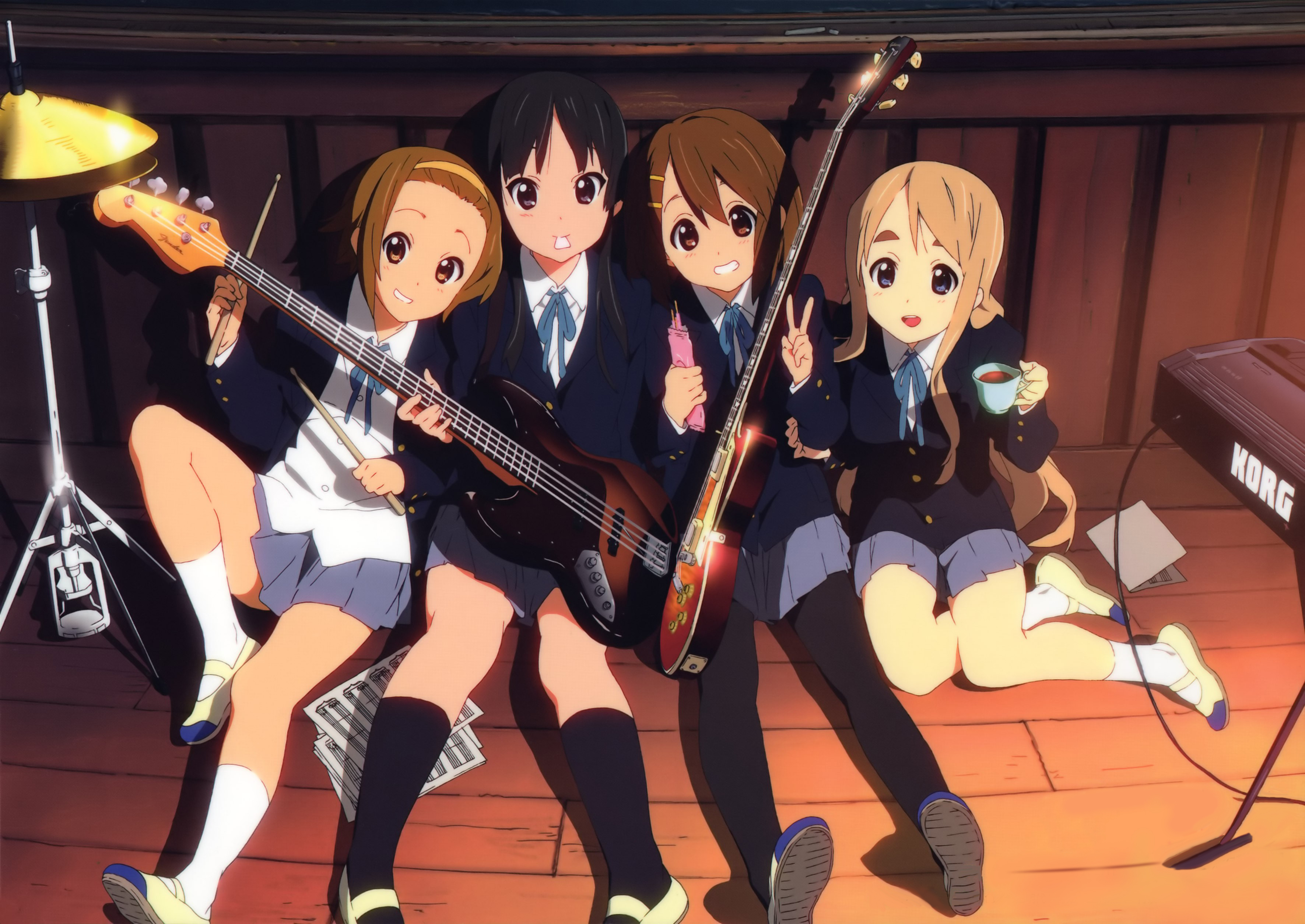 horiguchi yukiko, akiyama mio, hirasawa yui, kotobuki tsumugi, tainaka ritsu, k-on!, absurdres, detexted, highres, official art, third-party edit, 00s, 4girls, bass guitar, black eyes, black hair, blonde hair, blue eyes, brown eyes, brown hair, cup, drink, drumsticks, electric guitar, food, gibson les paul, guitar, hairband, headband, ho-kago tea time, instrument, keyboard, keyboard (instrument), long hair, mouth hold, multiple girls, pantyhose, plectrum, pocky, school uniform, shoes, short hair, sitting, socks, tomboy, uwabaki, v, very long hair