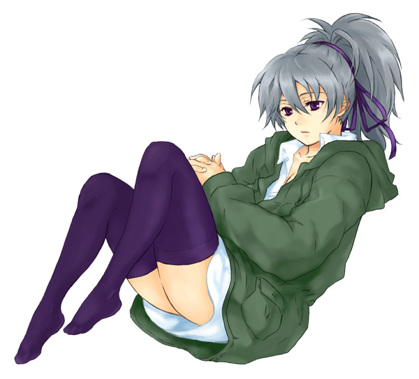 momi, momi (pixiv), momi (s4101), yin (darker than black), darker than black, silver hair, bad id, bad pixiv id, 00s, 1girl, feet, female focus, hair ribbon, hair up, jacket, long hair, open clothes, open jacket, open shirt, ponytail, purple eyes, raincoat, ribbon, shirt, simple background, sitting, solo, thighhighs, white background