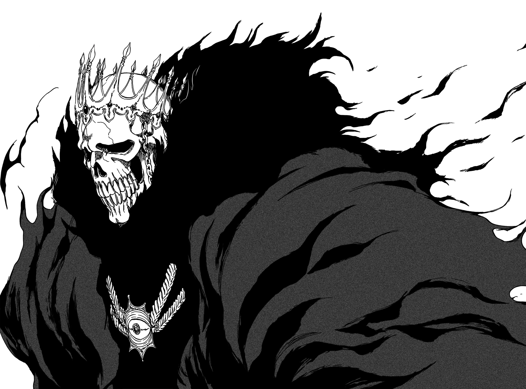 kubo tite, baraggan louisenbairn, bleach, highres, scan, spoilers, 00s, 1boy, arrancar, comic, crown, greyscale, hollow (bleach), male focus, monochrome, number tattoo, resurreccion, skull, solo, tattoo