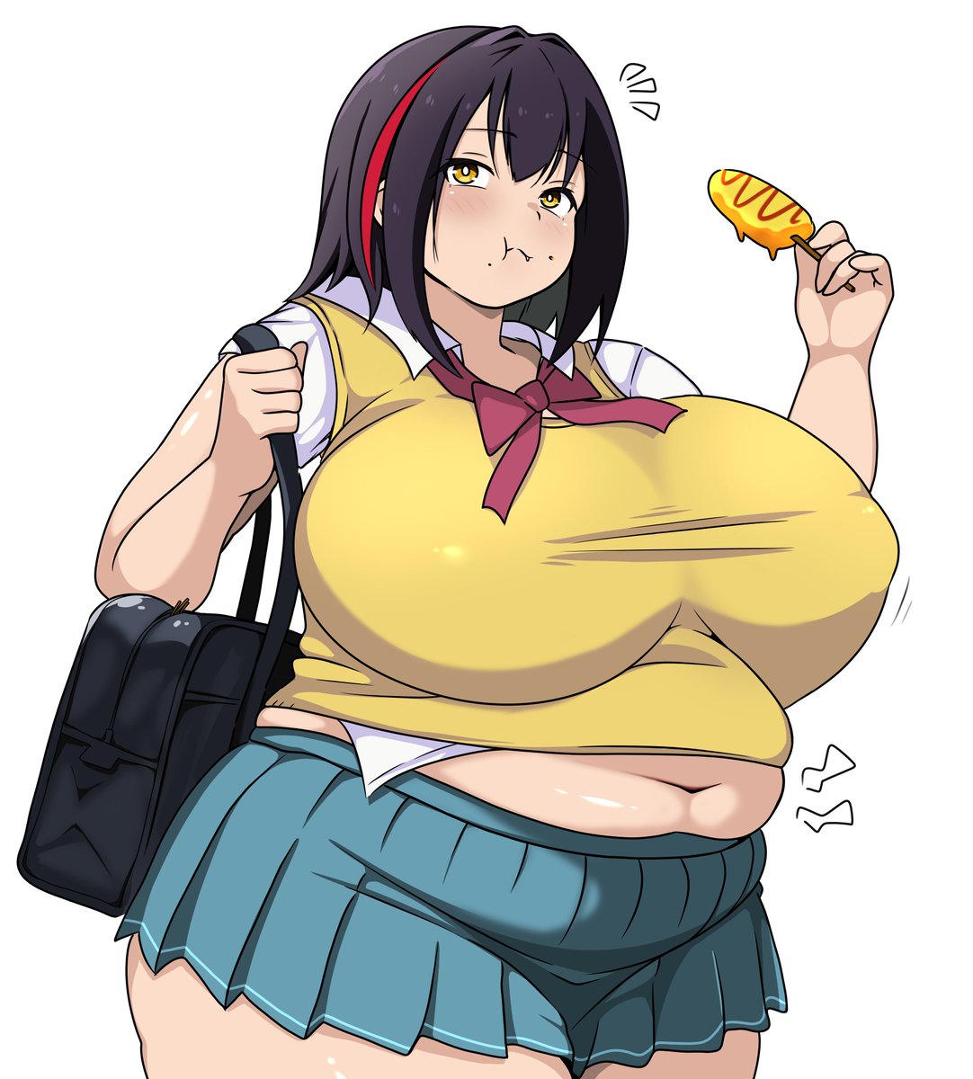 usagirin, original, highres, 1girl, bag, belly, black hair, blue skirt, bow, bowtie, chewing, corn dog, eating, fat, fat woman, food, food in mouth, food on face, holding, holding food, medium hair, midriff, midriff peek, miniskirt, muffin top, multicolored hair, navel, red bow, red hair, school bag, school uniform, shirt, shoulder bag, skirt, solo, standing, streaked hair, sweater vest, thick thighs, thighs, white background, white shirt, yellow eyes, yellow sweater vest