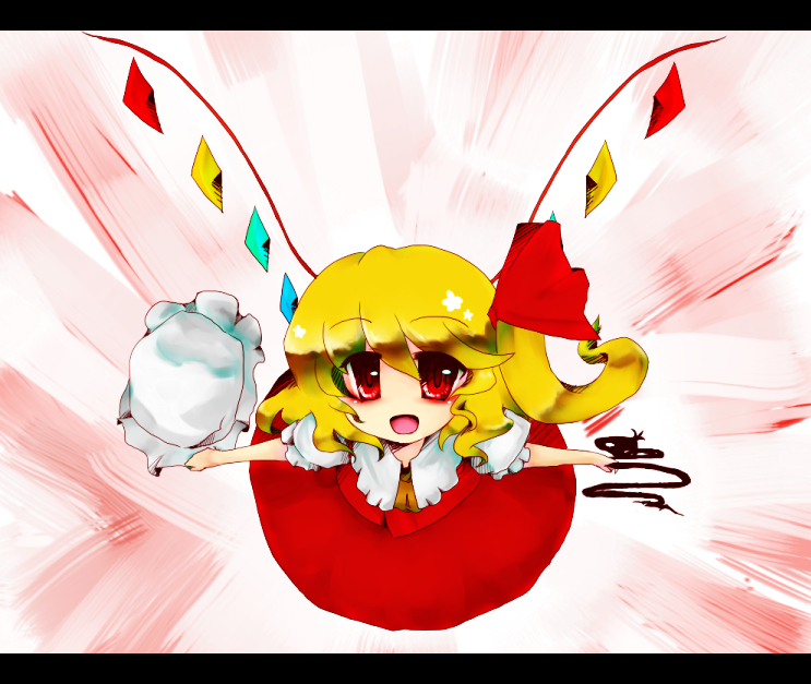 kazu nagi, flandre scarlet, touhou, bad id, bad pixiv id, 1girl, blonde hair, blouse, female focus, hair between eyes, hat, letterboxed, one side up, ponytail, red eyes, shirt, short hair, side ponytail, solo, white shirt, wings