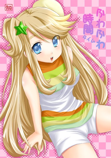 pengin guriko, kotobuki tsumugi, fuwafuwa time, k-on!, striped, bad id, bad pixiv id, 00s, 1girl, blonde hair, blue eyes, breasts, casual, female focus, hair bun, hair ornament, hairclip, long hair, looking up, mod fashion, shirt, short shorts, shorts, single hair bun, sleeveless, sleeveless shirt, solo, star (symbol)