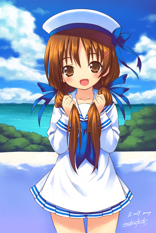inou shin, hayami ayumi, submarine 707r, 00s, 1girl, blush, brown eyes, brown hair, dress, fang, female focus, hat, looking at viewer, outdoors, sailor, sailor dress, sailor hat, solo