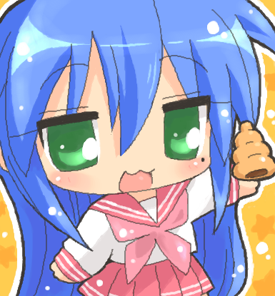 izumi konata, lucky star, lowres, 00s, blue hair, chibi, green eyes, school uniform