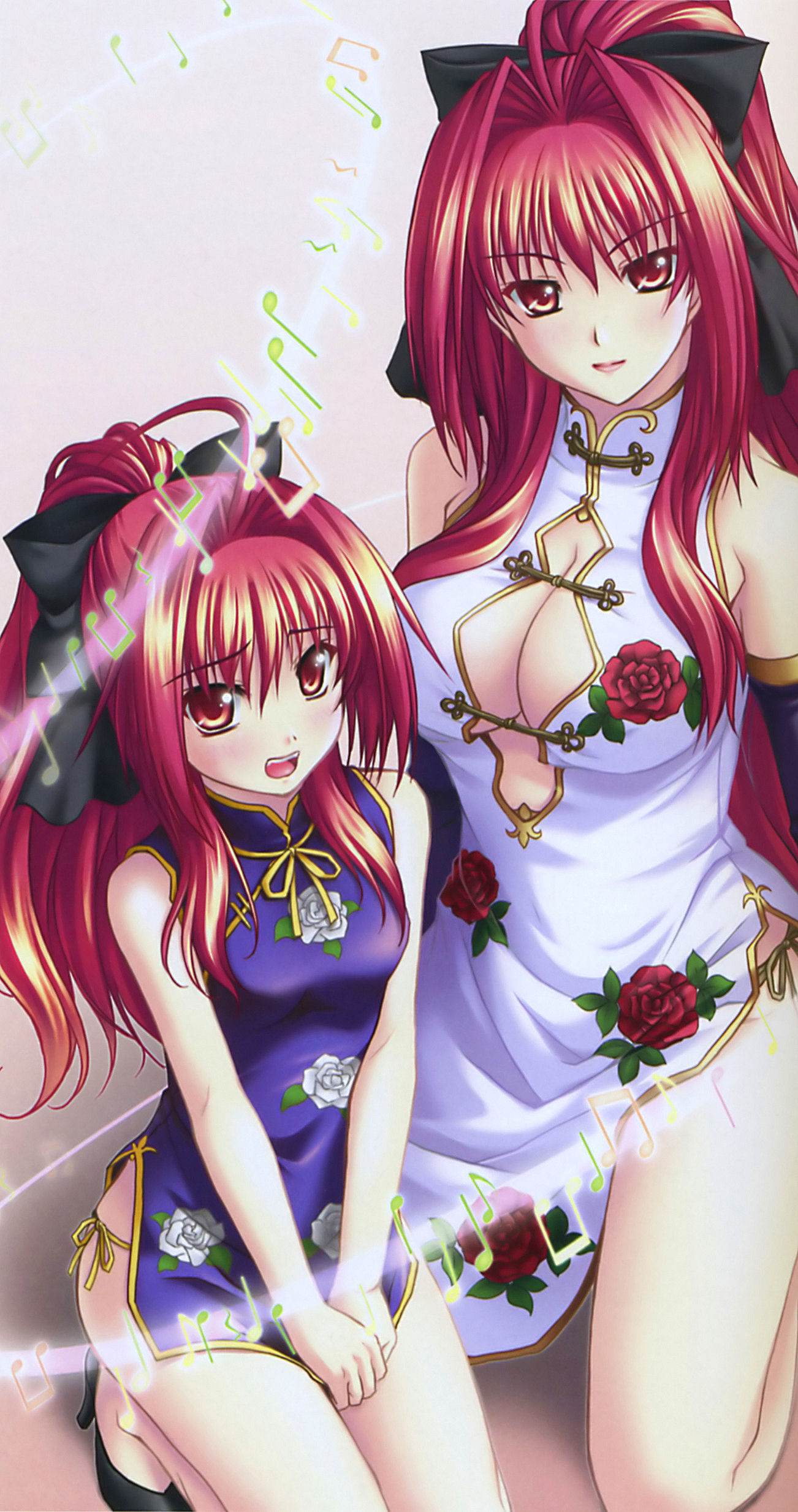 kannatsuki noboru, corticarte apa lagranges, shinkyoku soukai polyphonica, absurdres, highres, 00s, 1girl, beamed quavers, china dress, chinese clothes, crotchet rest, dress, kneeling, long hair, looking at viewer, musical note, red eyes, red hair, thighhighs, very long hair