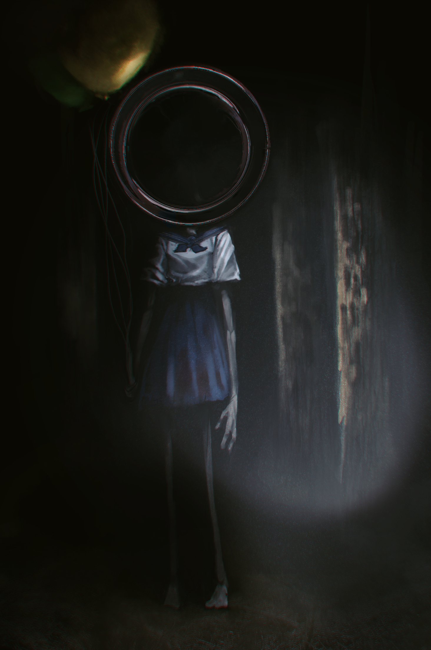 original, highres, 1other, balloon, barefoot, blue sailor collar, blue skirt, dark, grey skirt, holding, holding balloon, horror (theme), long arms, monster, onto3287, sailor collar, shirt, short sleeves, skirt, solo, standing, white shirt