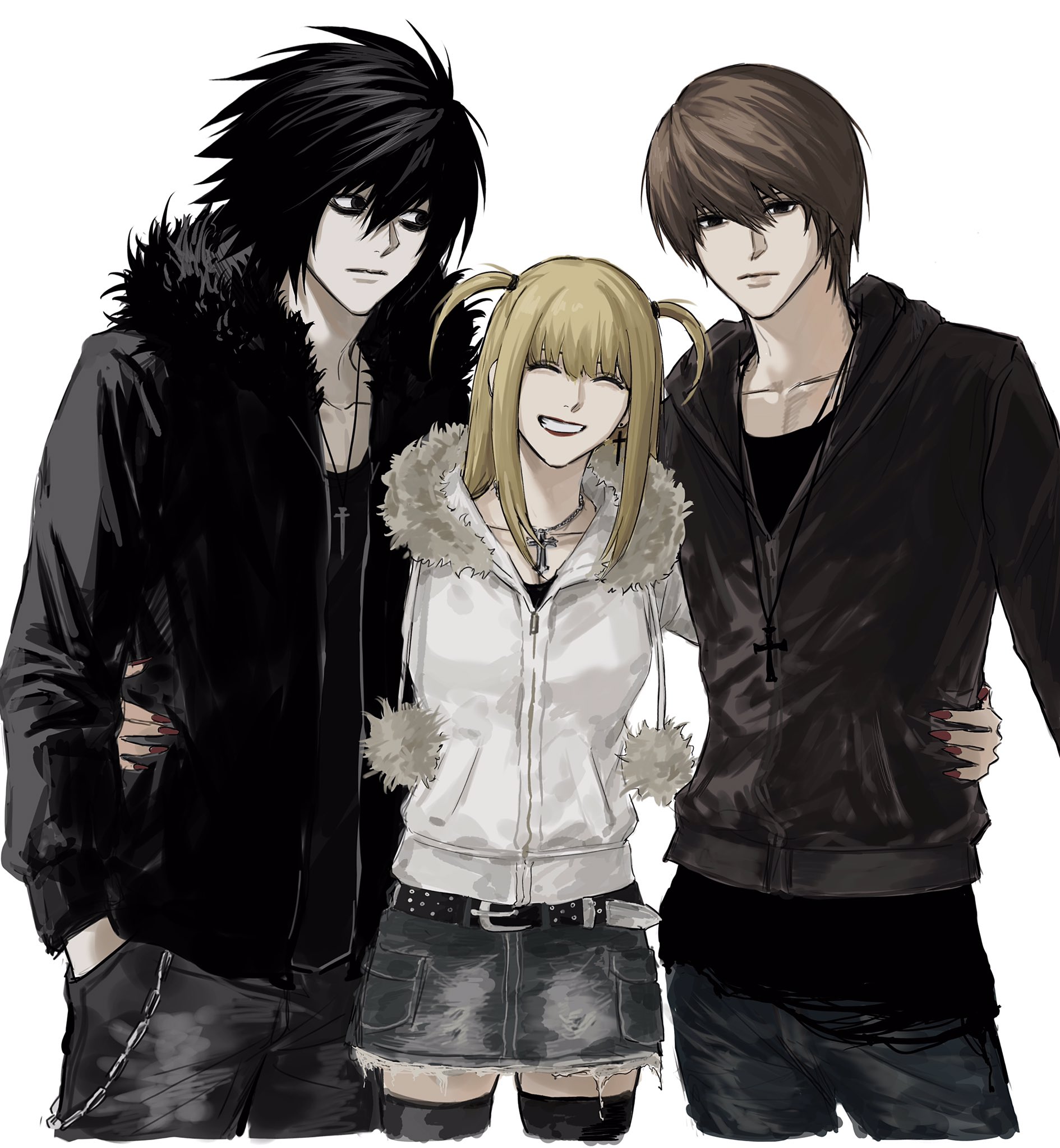 sso s, amane misa, l (death note), yagami light, death note, highres, 1girl, 2boys, alternate costume, bags under eyes, black hair, blonde hair, brown hair, closed eyes, closed mouth, cowboy shot, cropped legs, cross, cross earrings, denim, denim skirt, earrings, facing viewer, fur trim, hair between eyes, hand in pocket, hand on another's wrist, height difference, jewelry, long hair, looking at another, looking at viewer, multiple boys, necklace, short hair, simple background, skirt, smile, teeth, white background