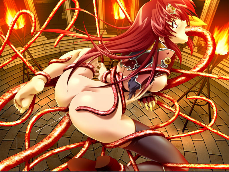 raidy, ikazuchi no senshi raidy, artist request, game cg, 1girl, anal, arms behind back, ass, barefoot, blush, bottomless, feet, forced, nipples, nude, oral, rape, red eyes, red hair, restrained, soles, spread legs, tentacle sex, tentacles, toes, uncensored