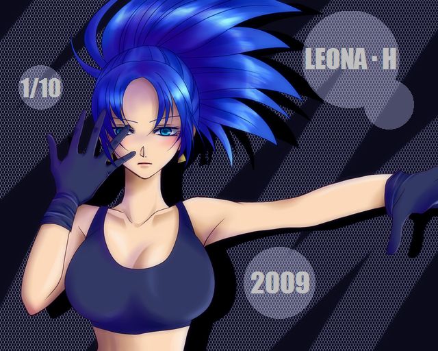 leona heidern, snk, the king of fighters, tagme, blue eyes, blue hair, breasts, earrings, gloves, huge breasts, jewelry, large breasts, long hair, ponytail, tank top
