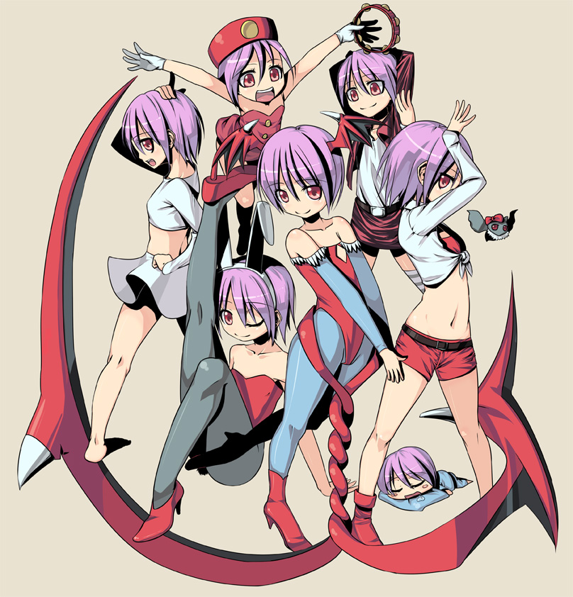ichikyuu, ninomae ichijiku, yama ji, lilith (darkstalkers), capcom, darkstalkers, 1girl, alternate costume, animal ears, bare shoulders, bat wings, clone, costume chart, crop top, demon girl, dress, elbow gloves, fake animal ears, flat chest, gloves, head wings, high heels, instrument, jacket, multiple persona, pajamas, pantyhose, playboy bunny, purple hair, rabbit ears, red eyes, shoes, short dress, short hair, shorts, skirt, sleeping, tambourine, wings