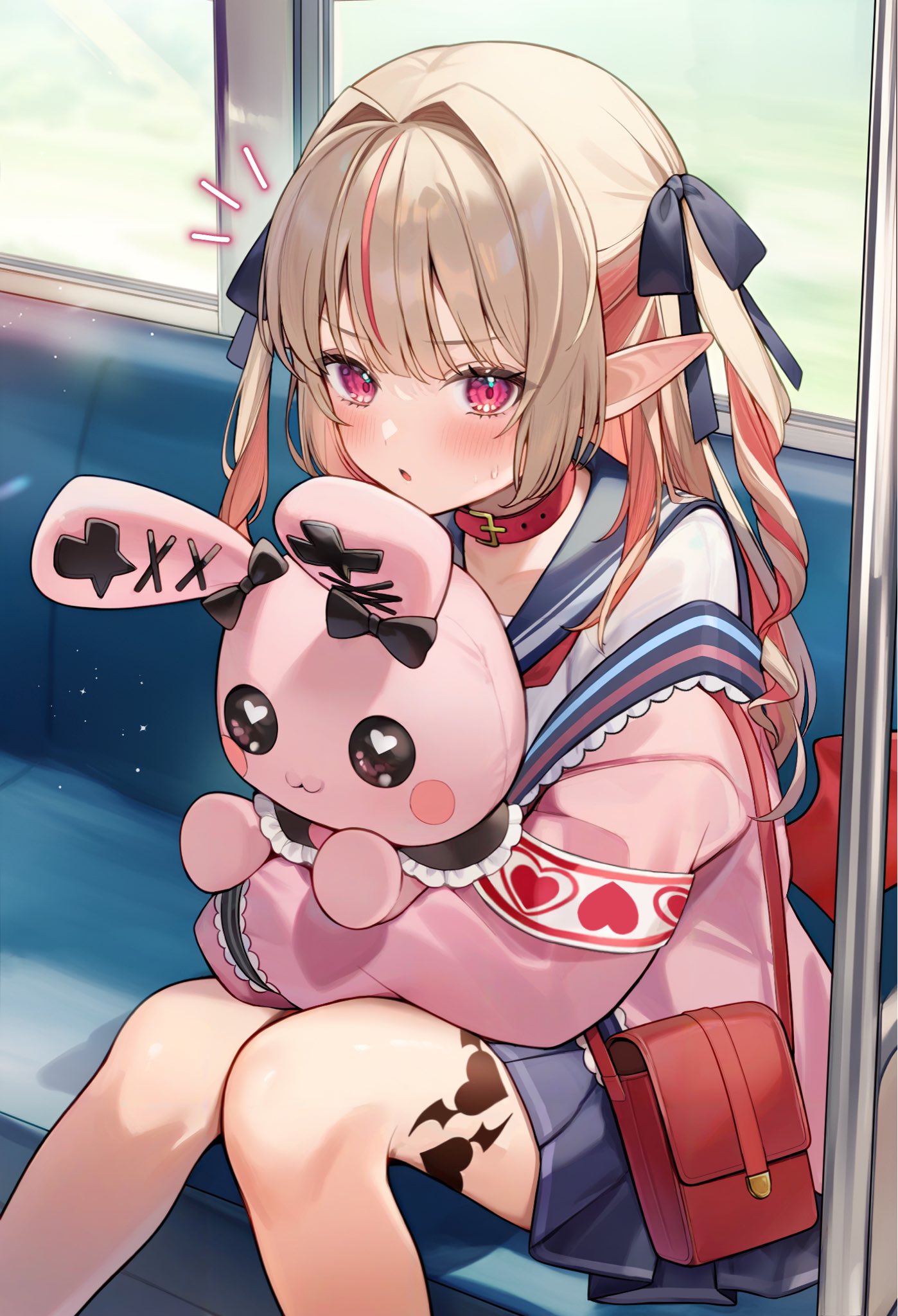 aria (ariacue), makaino ririmu, makaino ririmu (4th costume), nijisanji, commentary request, highres, 1girl, bag, blue sailor collar, blush, brown hair, choker, colored inner hair, hair intakes, hair ribbon, holding, holding stuffed toy, jacket, long hair, looking at viewer, multicolored hair, pink eyes, pink jacket, pointy ears, ribbon, ringlets, sailor collar, school uniform, serafuku, shoulder bag, sitting, solo, stuffed animal, stuffed rabbit, stuffed toy, tattoo, train interior, two-tone hair, two side up, virtual youtuber, winged heart, winged heart tattoo