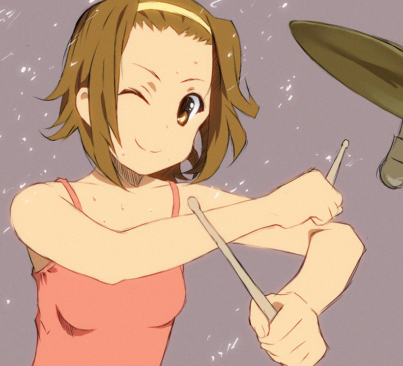 qaz, tainaka ritsu, k-on!, bad id, bad pixiv id, 00s, 1girl, bare shoulders, brown eyes, brown hair, drum, drumsticks, female focus, hairband, instrument, one eye closed, short hair, sketch, smile, solo, sweat, tank top, tomboy, wet, wink