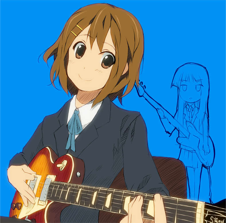 qaz, akiyama mio, hirasawa yui, k-on!, bad id, bad pixiv id, 00s, 2girls, blazer, brown eyes, brown hair, electric guitar, foreshortening, gibson les paul, guitar, hair ornament, hairpin, instrument, jacket, multiple girls, school uniform, short hair, sketch, smile