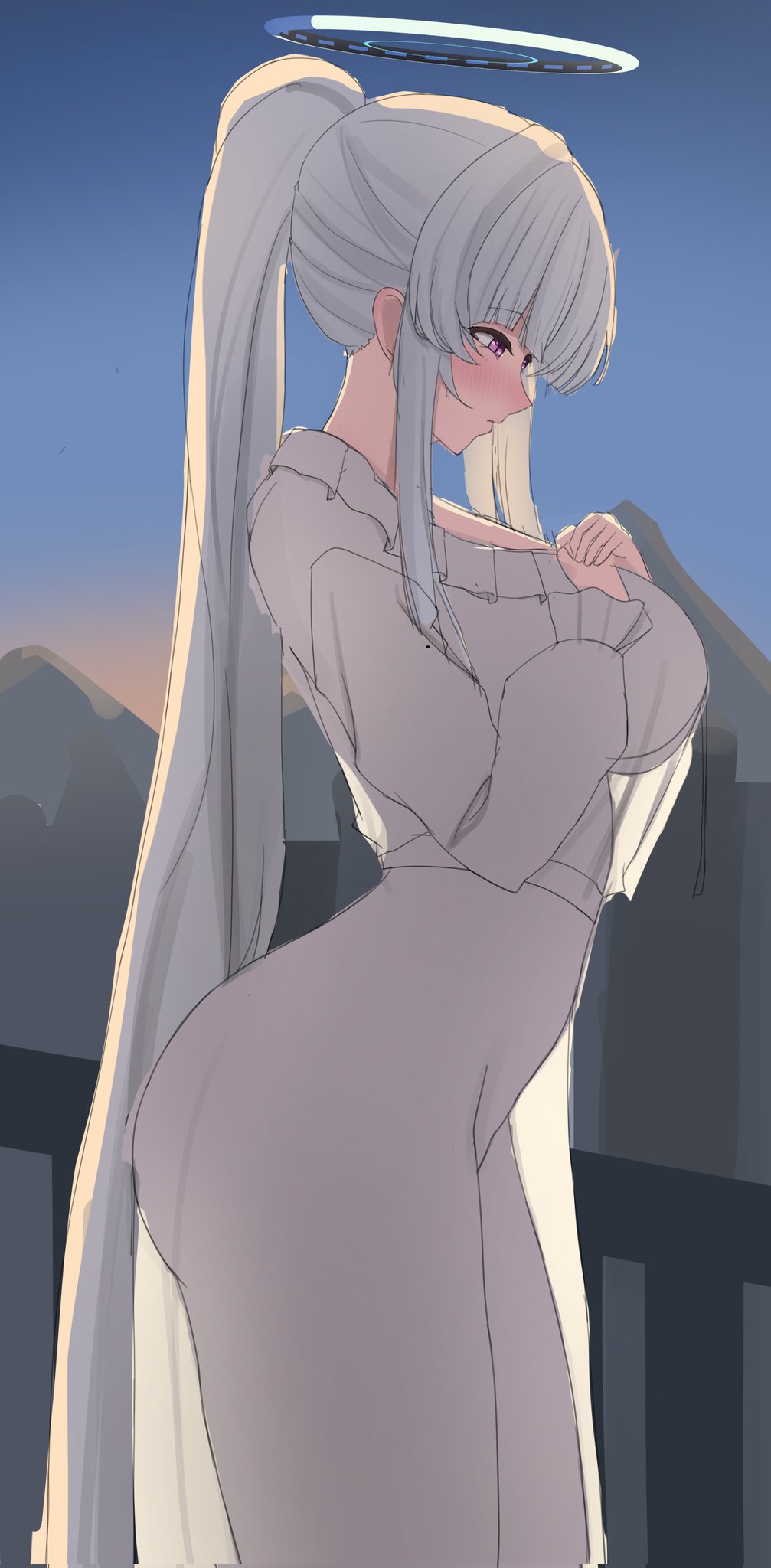 dwadwa98, noa (blue archive), noa (pajamas) (blue archive), blue archive, highres, tagme, 1girl, blush, breasts, halo, large breasts, mechanical halo, solo