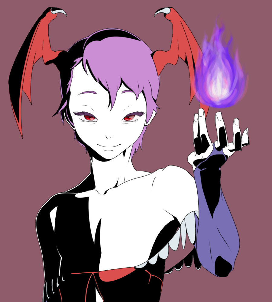 tocky, lilith (darkstalkers), capcom, darkstalkers, 1girl, aura, bare shoulders, bridal gauntlets, collarbone, demon girl, elbow gloves, female focus, flat chest, flat color, gloves, head wings, magic, purple hair, red eyes, short hair, simple background, solo, wings
