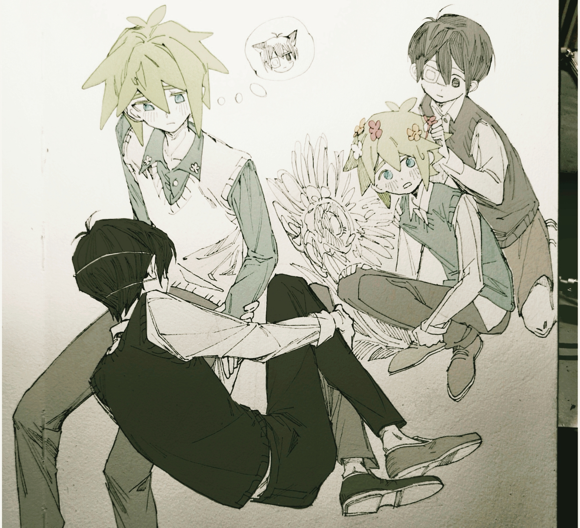 moonskysoon, basil (faraway) (omori), basil (omori), sunny (omori), omori, highres, spoilers, traditional media, 2boys, alternate color, alternate costume, animal ears, antenna hair, black eyes, black hair, black pants, black sweater vest, blonde hair, blue eyes, blush, brown pants, brown shoes, brown shorts, cat boy, cat ears, closed mouth, collared shirt, double-parted bangs, eyepatch, flower, green shirt, green sweater vest, greyscale, hair between eyes, hair flower, hair ornament, kemonomimi mode, long sleeves, looking at another, lying, male focus, monochrome, multiple boys, on side, open mouth, pants, shirt, shoes, short hair, shorts, sidelocks, sitting, smile, speech bubble, sunflower, sweater vest, thought bubble, wariza, white shirt, white sweater vest