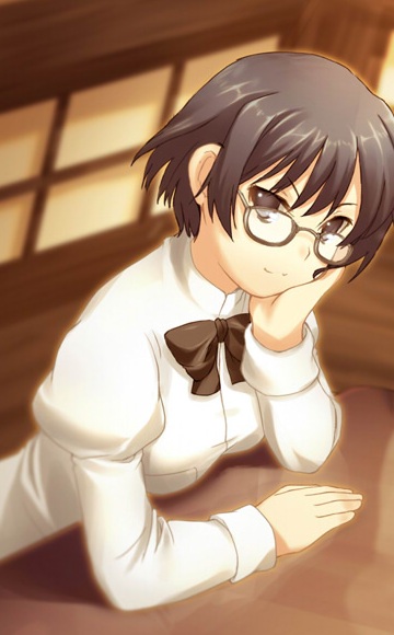 hakamichi shizune, katawa shoujo, artist request, game cg, non-web source, 10s, 1girl, black eyes, black hair, blue eyes, blue hair, bow, female focus, glasses, head rest, matching hair/eyes, puffy sleeves, school uniform, short hair, smile, solo, window