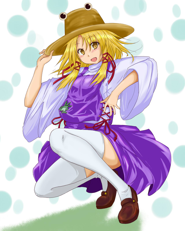 he (eve), moriya suwako, touhou, 1girl, blonde hair, female focus, frog, full body, hat, short hair, solo, thighhighs, yellow eyes