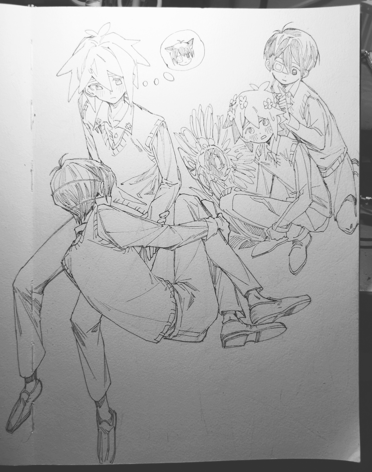 moonskysoon, basil (faraway) (omori), basil (omori), sunny (omori), omori, highres, spoilers, traditional media, 2boys, alternate costume, animal ears, antenna hair, blush, cat boy, cat ears, closed mouth, collared shirt, double-parted bangs, eyepatch, flower, greyscale, hair between eyes, hair flower, hair ornament, kemonomimi mode, long sleeves, looking at another, lying, male focus, monochrome, multiple boys, on side, open mouth, pants, shirt, shoes, short hair, shorts, sidelocks, sitting, smile, speech bubble, sunflower, sweater vest, thought bubble, wariza