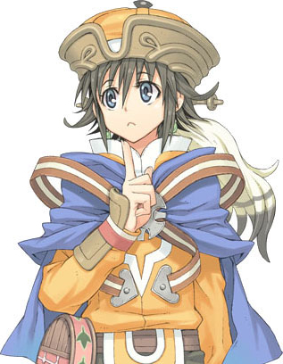 watanuki nao, annie eilenberg, atelier (series), atelier annie, gust, lowres, official art, 1girl, :<, androgynous, belt, belt pouch, black hair, blue eyes, cape, earrings, fantasy, female focus, flat chest, frown, hair between eyes, hat, jewelry, loincloth, orange hat, pointing, pouch, short hair, sidelocks, simple background, solo, strap, tomboy, upper body, white background