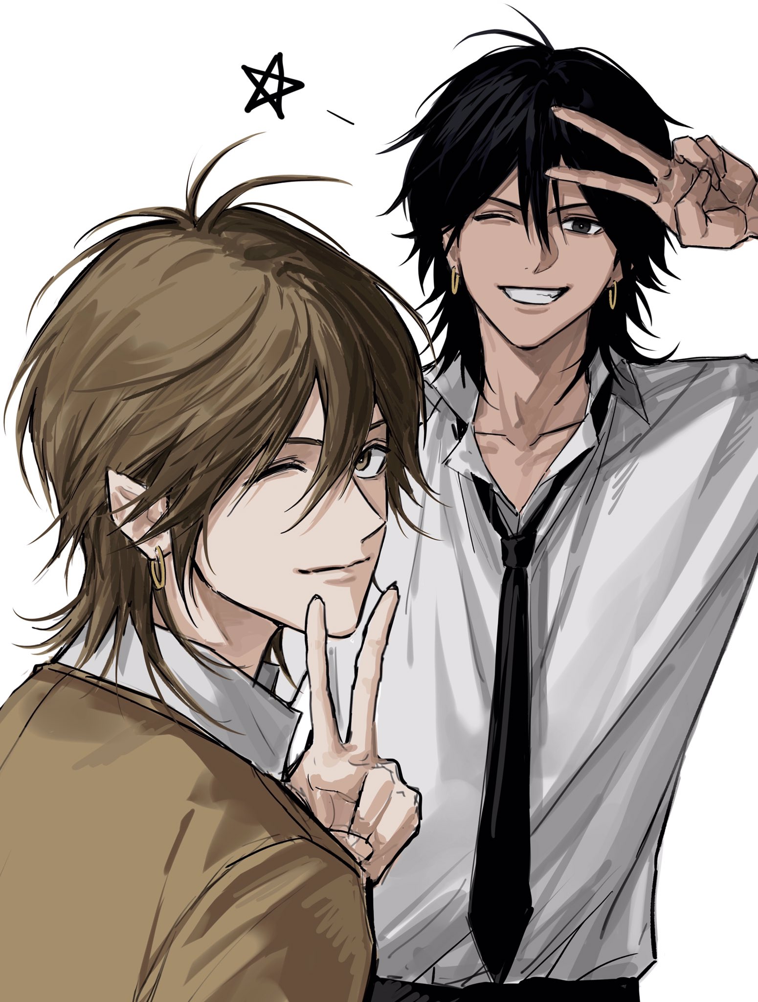 sso s, sugar sugar rune, character request, check character, check copyright, copyright request, highres, 2boys, black eyes, black hair, black necktie, brown eyes, brown hair, closed mouth, collared shirt, earrings, grin, jewelry, looking at viewer, male focus, medium hair, multiple boys, necktie, one eye closed, shirt, shirt tucked in, simple background, smile, soul (sugar sugar rune), star (symbol), teeth, v, white background, white shirt, woo (sugar sugar rune)