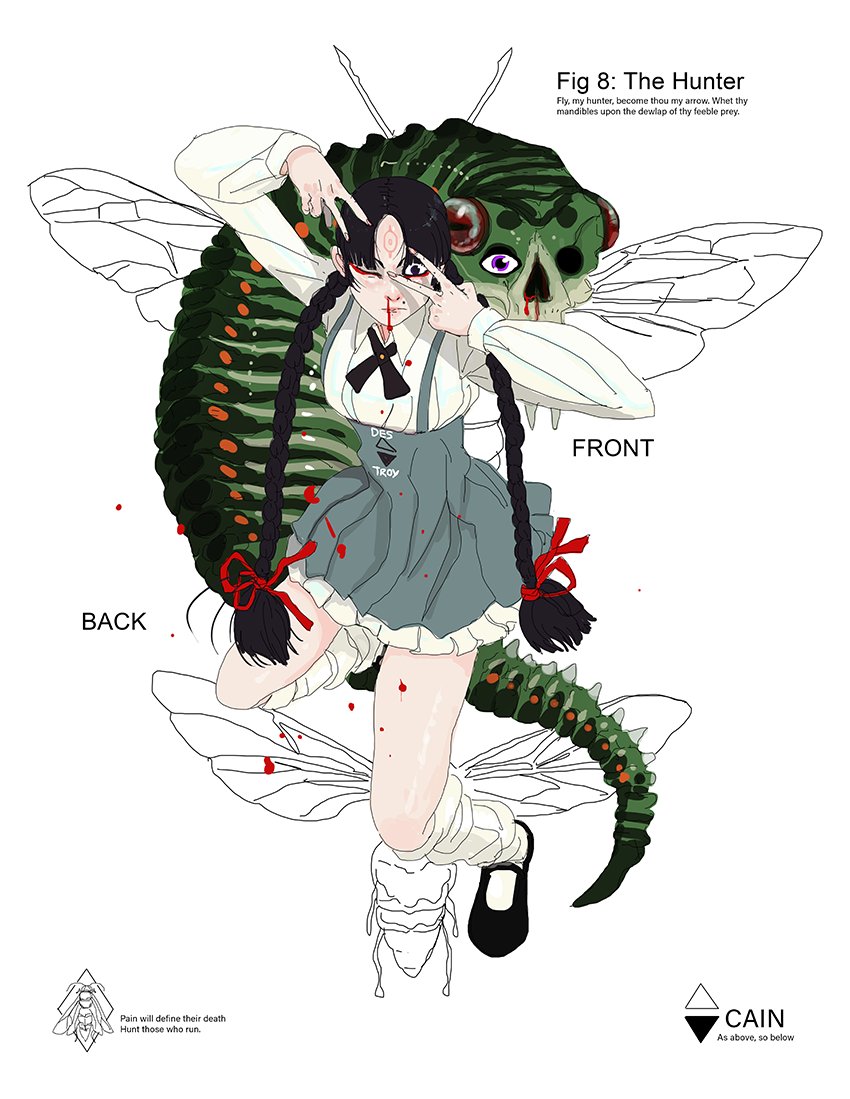 orbitaldropkick, copyright request, 1girl, black hair, blood, breasts, eyeshadow, full body, long hair, looking at viewer, makeup, monster, one eye closed, purple eyes, simple background, skirt, twintails, white background