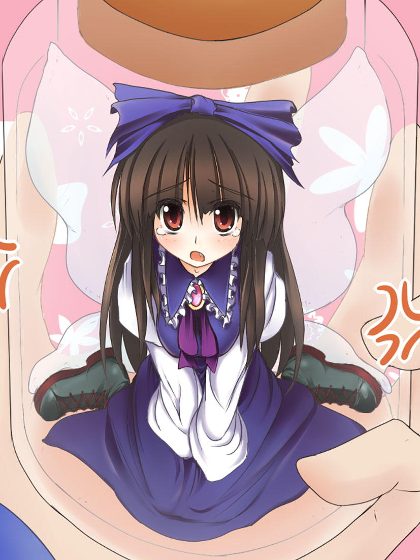 pilky, star sapphire, eastern and little nature deity, touhou, touhou sangetsusei, bad id, bad pixiv id, 1girl, anger vein, boots, bottle, breasts, breasts squeezed together, brown hair, fairy, fang, female focus, from above, in bottle, in container, jar, large breasts, looking at viewer, looking up, mini person, minigirl, red eyes, sitting, solo, tears, wariza, wings