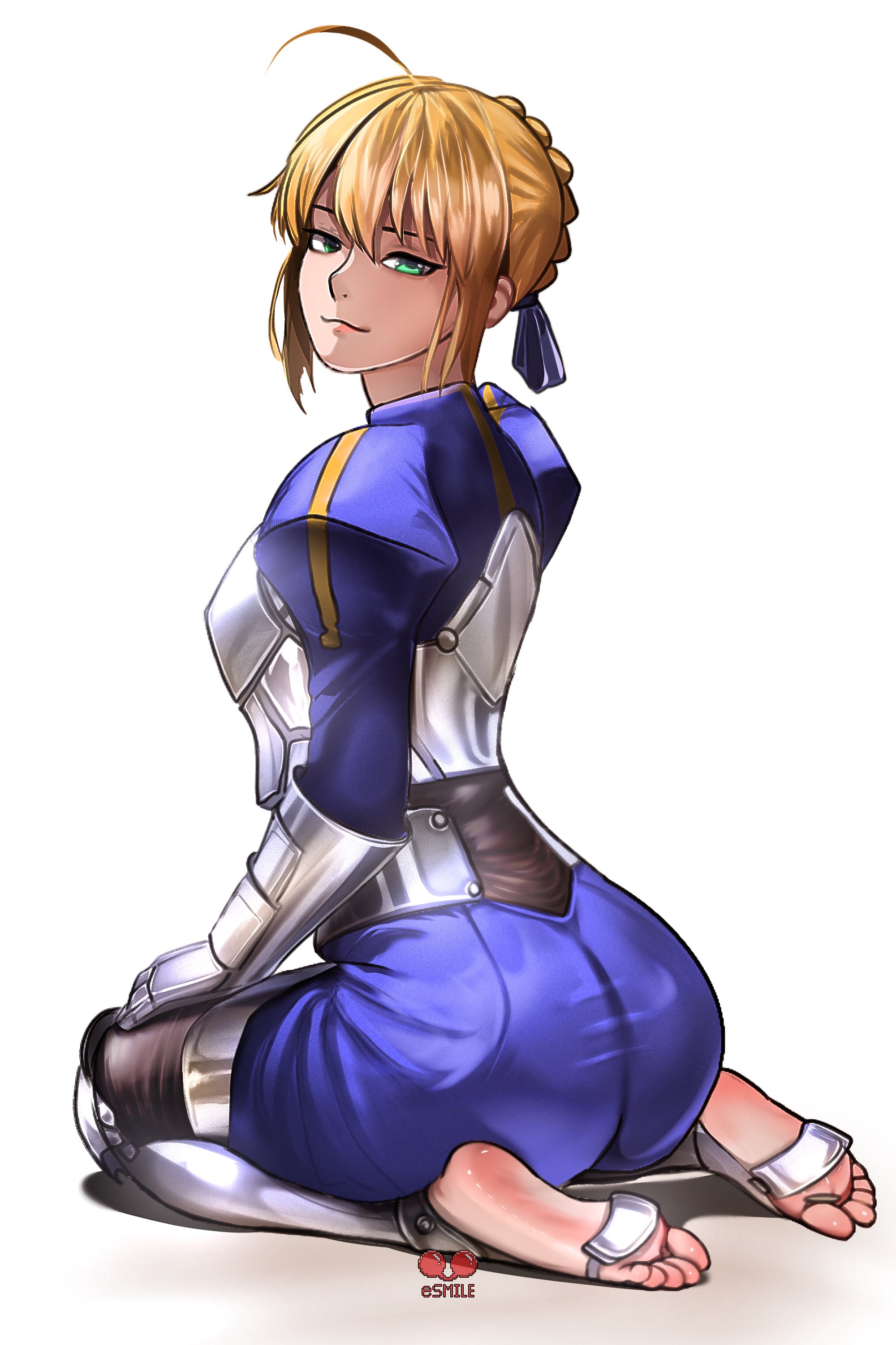 esmile, artoria pendragon (fate), saber (fate), fate/stay night, fate (series), absurdres, highres, 1girl, ahoge, armor, armored boots, artist logo, artist name, ass, blonde hair, blue dress, boots, braid, breastplate, closed mouth, dress, feet, from behind, full body, gauntlets, green eyes, grey background, hair between eyes, hair ribbon, juliet sleeves, logo, long sleeves, looking back, no shoes, puffy sleeves, ribbon, seiza, short hair, sidelocks, simple background, sitting, soles, solo, stirrup legwear, toeless legwear, toes