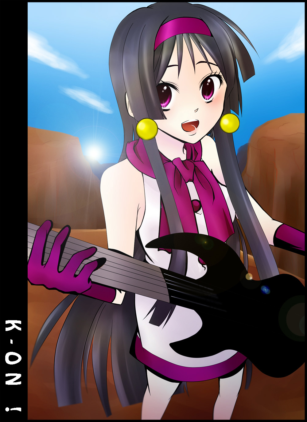 agi (kankarado), akiyama mio, fuwafuwa time, k-on!, bad id, bad pixiv id, highres, 00s, 1girl, ascot, bare shoulders, black hair, blunt bangs, cloud, day, dress, earrings, female focus, foreshortening, gloves, guitar, headband, hime cut, instrument, jewelry, lens flare, light rays, long hair, mod fashion, neckerchief, open mouth, outdoors, perspective, purple eyes, sky, smile, solo, sun, sunbeam, sunlight, very long hair