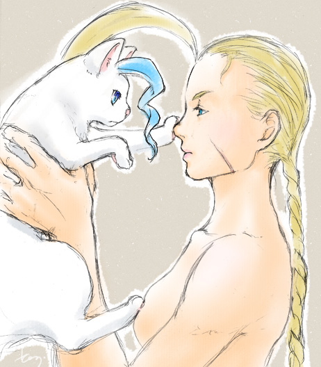 sho-sk, cammy white, felicia (cat) (darkstalkers), felicia (darkstalkers), capcom, darkstalkers, street fighter, 1girl, blonde hair, blue eyes, blue hair, braid, cat, completely nude, crossover, female focus, matching hair/eyes, nude, solo
