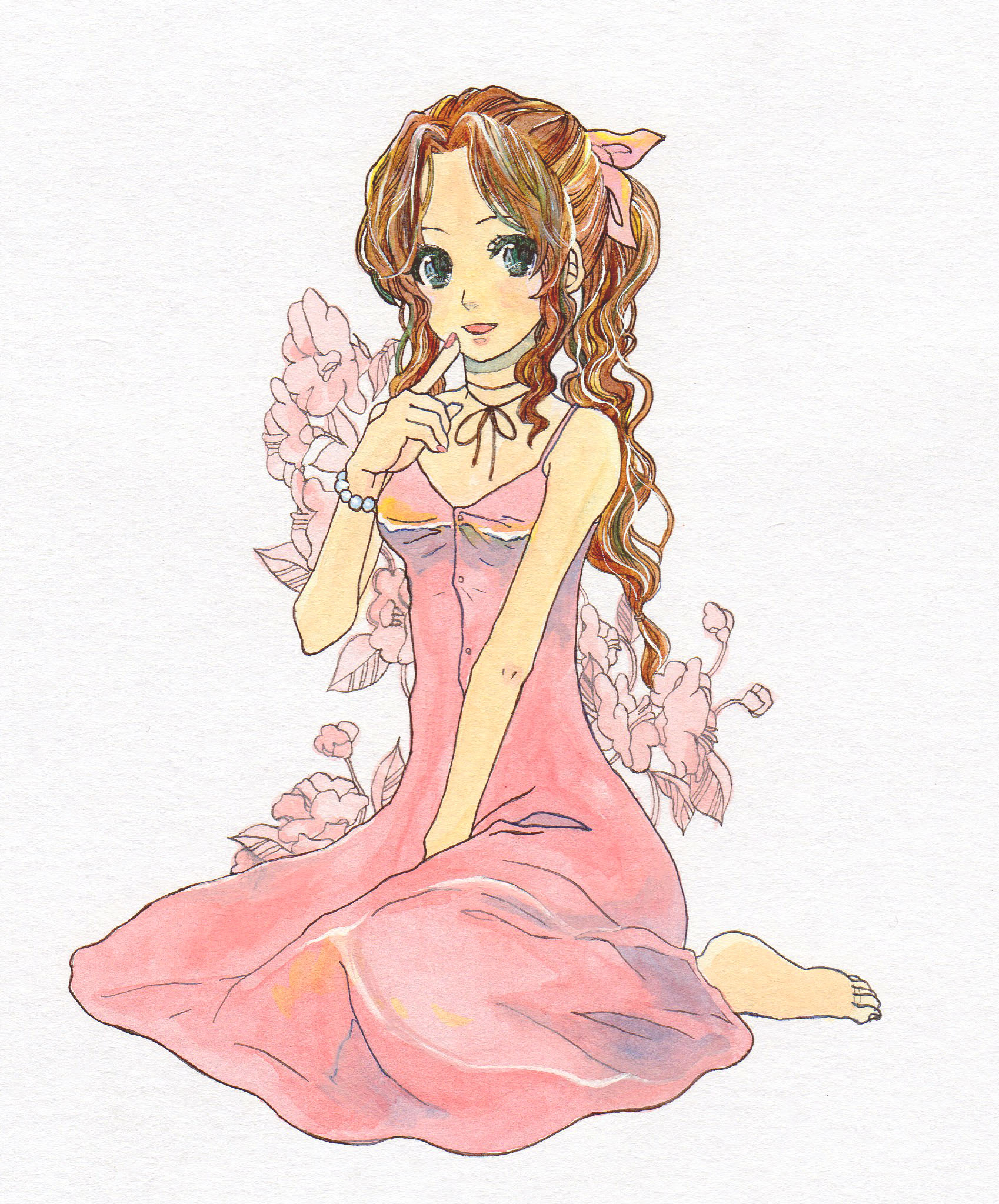 miyamo, aerith gainsborough, final fantasy, final fantasy vii, bad id, bad pixiv id, highres, traditional media, 1990s (style), 1girl, barefoot, bracelet, brown hair, cropped jacket, curly hair, dress, female focus, floral print, green eyes, jewelry, long dress, long hair, pink dress, ponytail, retro artstyle, sitting, smile, solo