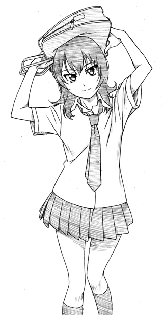 sawa jaaji, suehiro anna, hourou musuko, traditional media, arms up, greyscale, kneehighs, miniskirt, monochrome, necktie, pleated skirt, school uniform, skirt, smile, socks, solo