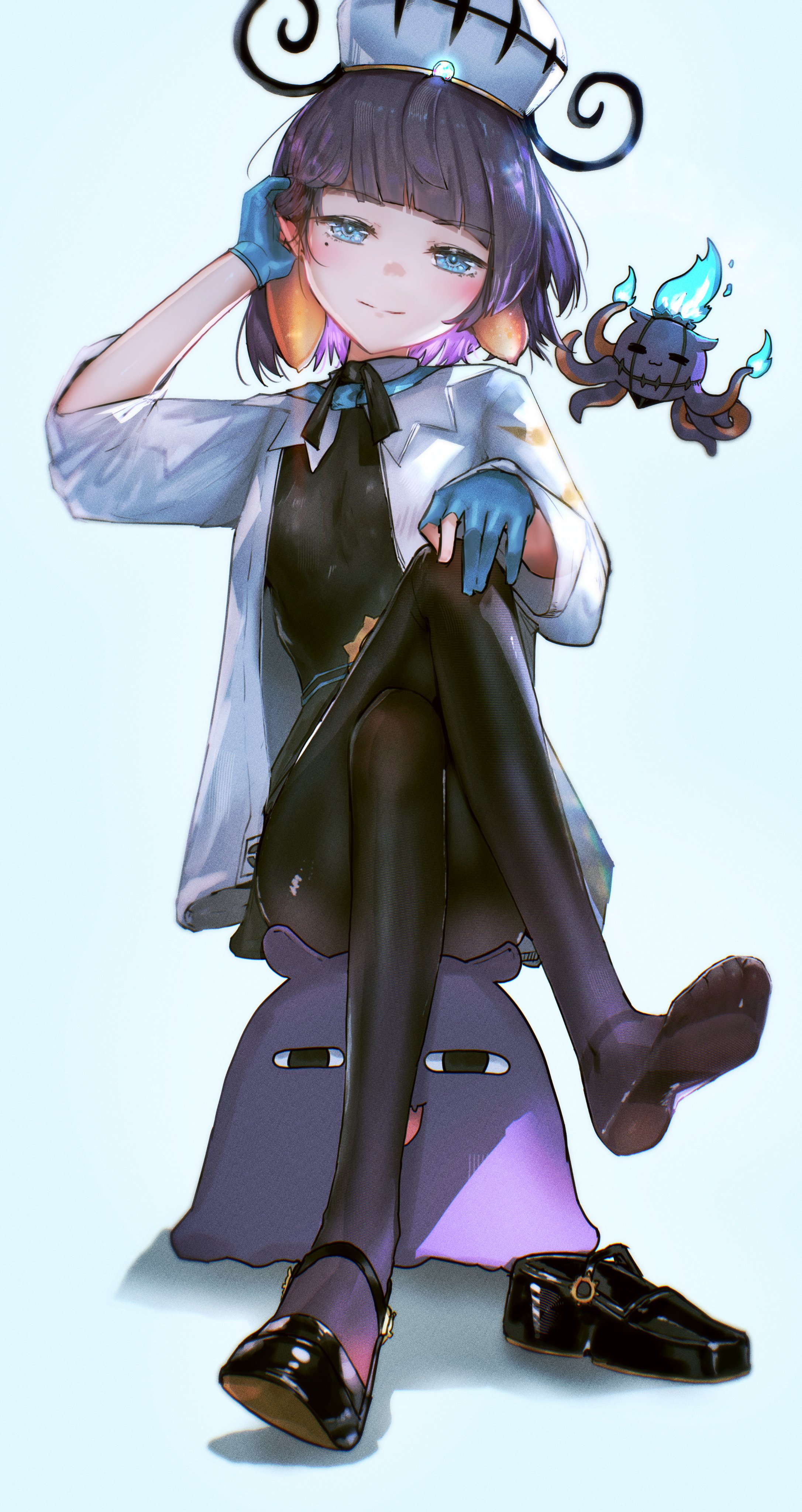 advarcher, gwynn (pokemon), ninomae ina'nis, takodachi (ninomae ina'nis), hololive, hololive english, absurdres, highres, 1girl, black dress, black pantyhose, black shoes, blue eyes, blue gloves, coat, cosplay, crossed legs, dress, gloves, looking at viewer, mole, mole under eye, pantyhose, partially fingerless gloves, purple hair, shoes, sideburns, single shoe, solo, tentacle hair, tucking hair, unworn shoes, white coat