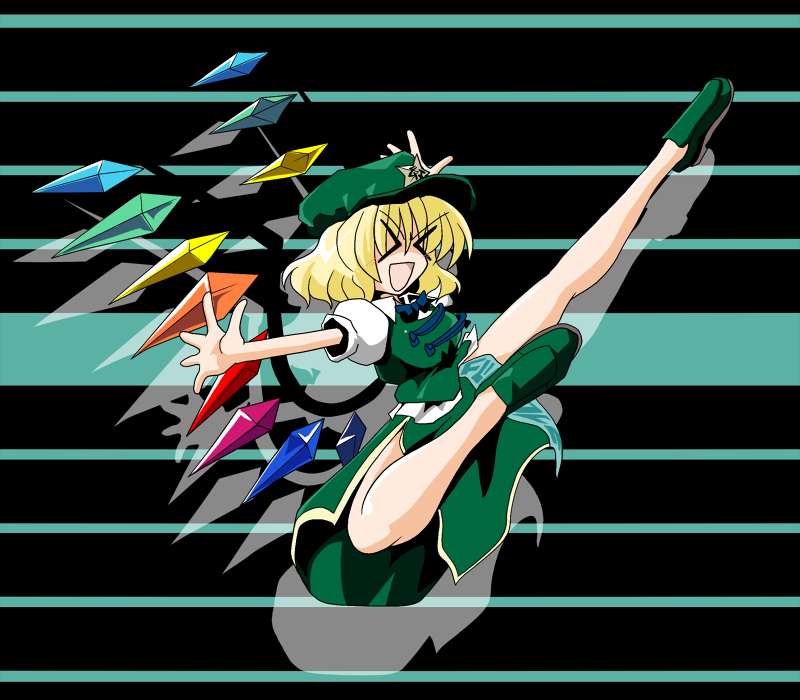 kieyza, flandre scarlet, hong meiling, embodiment of scarlet devil, touhou, > <, 1girl, blonde hair, china dress, chinese clothes, closed eyes, cosplay, dress, female focus, flying kick, hat, hong meiling (cosplay), kicking, short hair, solo, wings