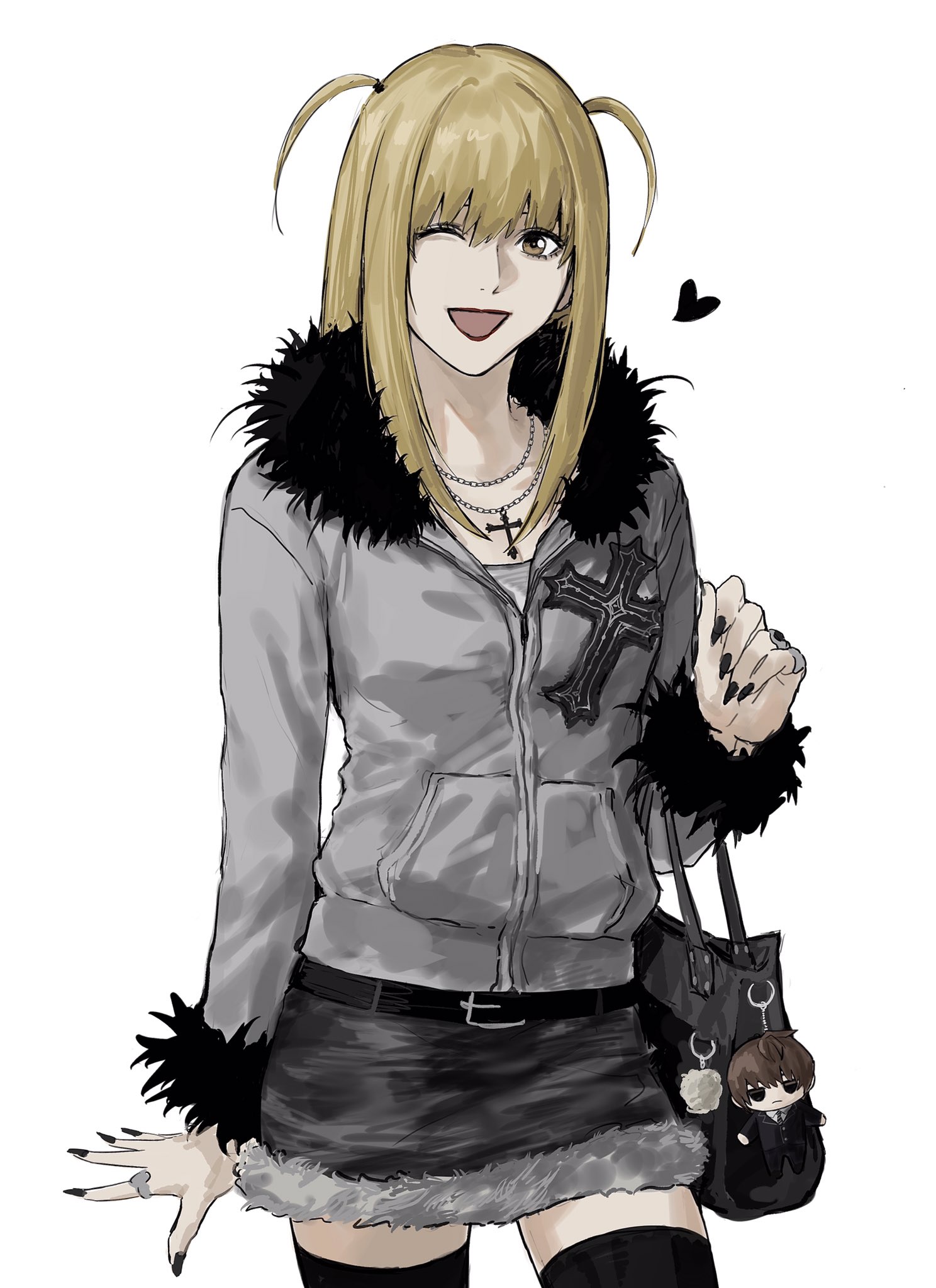 sso s, amane misa, death note, highres, 1girl, black nails, black thighhighs, blonde hair, cowboy shot, cross, cross necklace, fingernails, fur skirt, fur sleeves, fur trim, grey jacket, heart, jacket, jewelry, long hair, looking at viewer, necklace, one eye closed, open mouth, ring, sharp fingernails, simple background, skirt, smile, solo, thighhighs, white background
