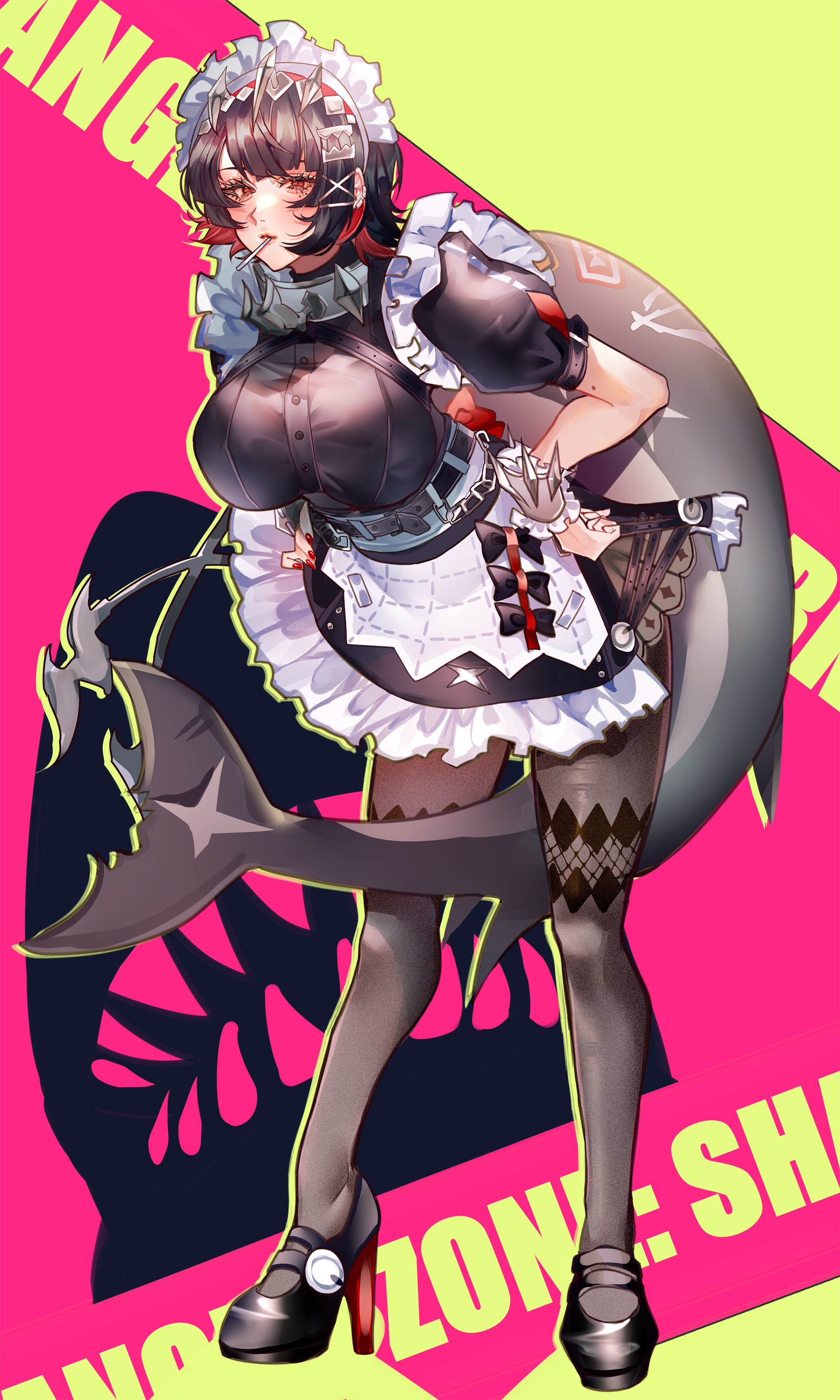 siiii 0s, ellen joe, zenless zone zero, absurdres, commentary request, highres, 1girl, alternate breast size (larger), belt, between legs, black bow, black pantyhose, black shoes, bow, breasts, candy, clenched hand, closed mouth, colored inner hair, english text, fins, fish tail, food, frilled wristband, full body, green background, hairband, hands on own hips, large breasts, leaning forward, lollipop, lollipop in mouth, looking at viewer, maid, maid headdress, metal hairband, mole, mole on arm, mole under eye, multicolored hair, pantyhose, patterned legwear, pink background, razor blade hair ornament, red eyes, red nails, scar, scar on tail, shark girl, shark print, shark tail, shoes, short hair, solo, spiked headband, standing, sticker, tail, tail between legs, two-tone background