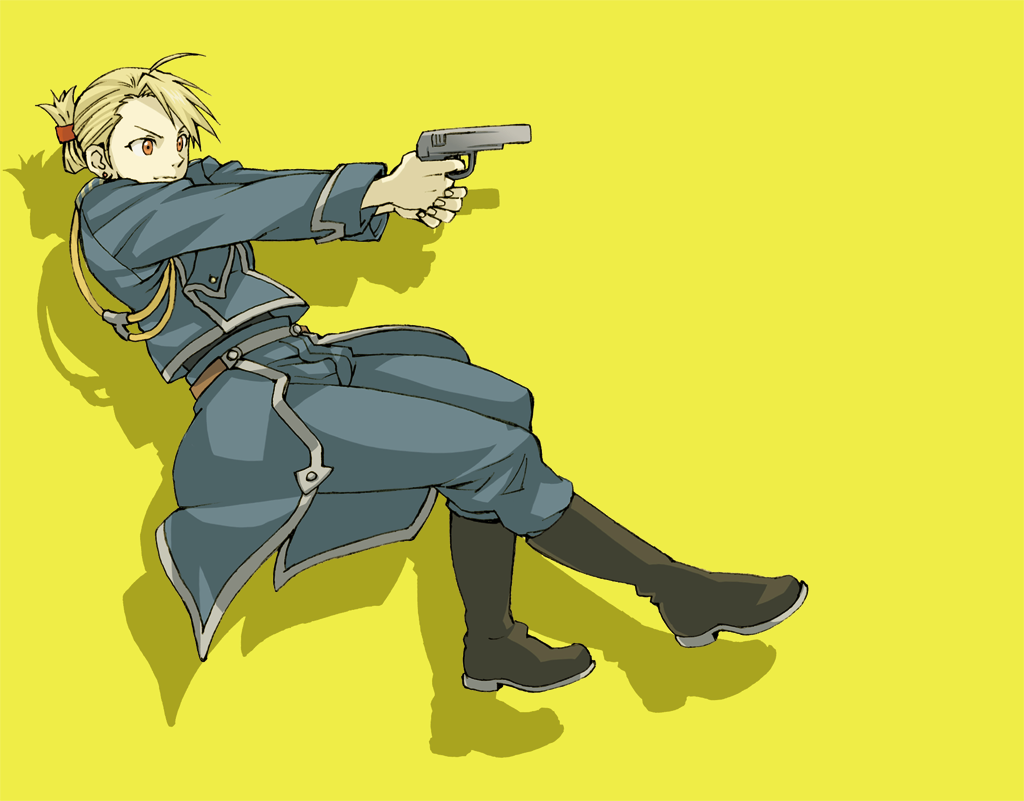 mattsu, unco, riza hawkeye, fullmetal alchemist, 00s, 1girl, ahoge, aiguillette, blonde hair, boots, brown eyes, female focus, folded ponytail, gun, hair bun, handgun, marksman, military, military uniform, pistol, shadow, smirk, solo, weapon