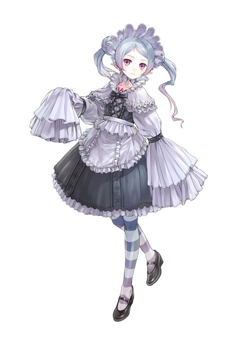 kishida mel, hom (atelier), atelier (series), atelier rorona, gust, official art, 1girl, armband, black dress, blue pantyhose, blush, bow, capelet, corset, dress, female focus, flat chest, frills, full body, gradient hair, hat, headdress, lace, lolita fashion, long hair, long sleeves, looking at viewer, mary janes, multicolored hair, outstretched arm, pantyhose, parted bangs, pink eyes, pink hair, pointy ears, red eyes, shoes, short dress, smile, solo, standing, striped clothes, striped pantyhose, swept bangs, thighhighs, twintails, white background, white hair, white pantyhose, wide sleeves