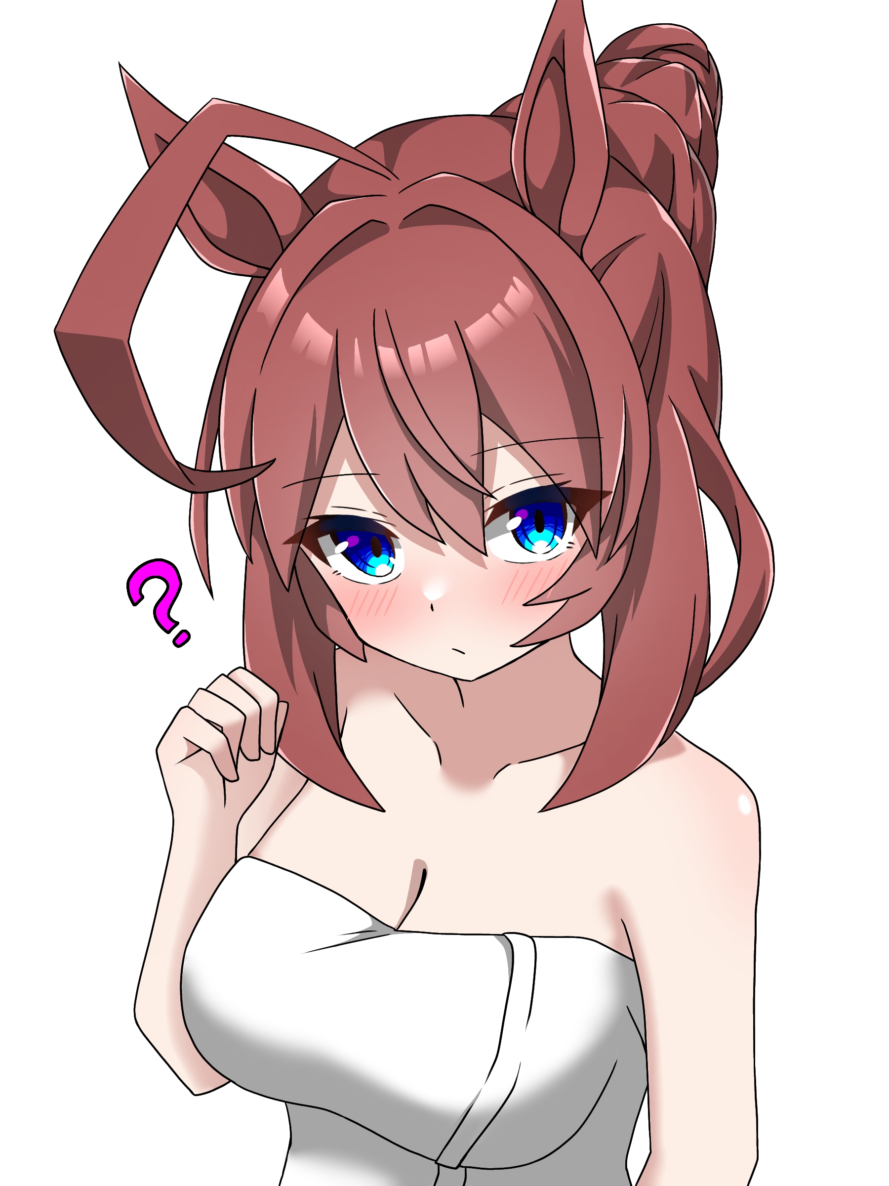 shikimiya life, mihono bourbon (umamusume), umamusume, absurdres, commentary request, highres, 1girl, ?, ahoge, animal ears, bare shoulders, blue eyes, blush, breasts, brown eyes, brown hair, closed mouth, horse ears, horse girl, large breasts, looking at viewer, naked towel, simple background, solo, towel, white background