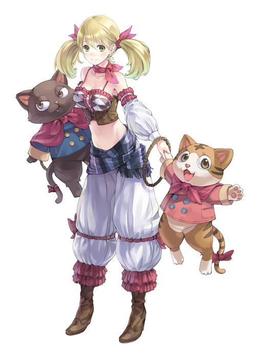 kishida mel, aranya (atelier), horoholo (atelier), lionela heinze, atelier (series), atelier rorona, gust, traditional clothes, official art, 1girl, blonde hair, bustier, female focus, gypsy, hair ribbon, lingerie, midriff, ribbon, solo, twintails, underwear