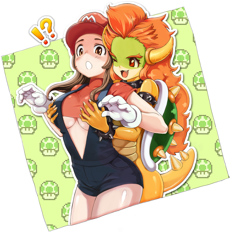 layil, bowser, mario, mario (series), nintendo, super mario bros. 1, bad id, bad pixiv id, !?, 1-up mushroom, 1up, 2girls, breasts, brown eyes, brown hair, cosplay, fang, genderswap, genderswap (mtf), gloves, grabbing another's breast, groping, hat, horns, interspecies, large breasts, long hair, multiple girls, mushroom, one eye closed, orange hair, red eyes, red hair, surprised, surprised arms, transparent background, underboob, wink, yuri