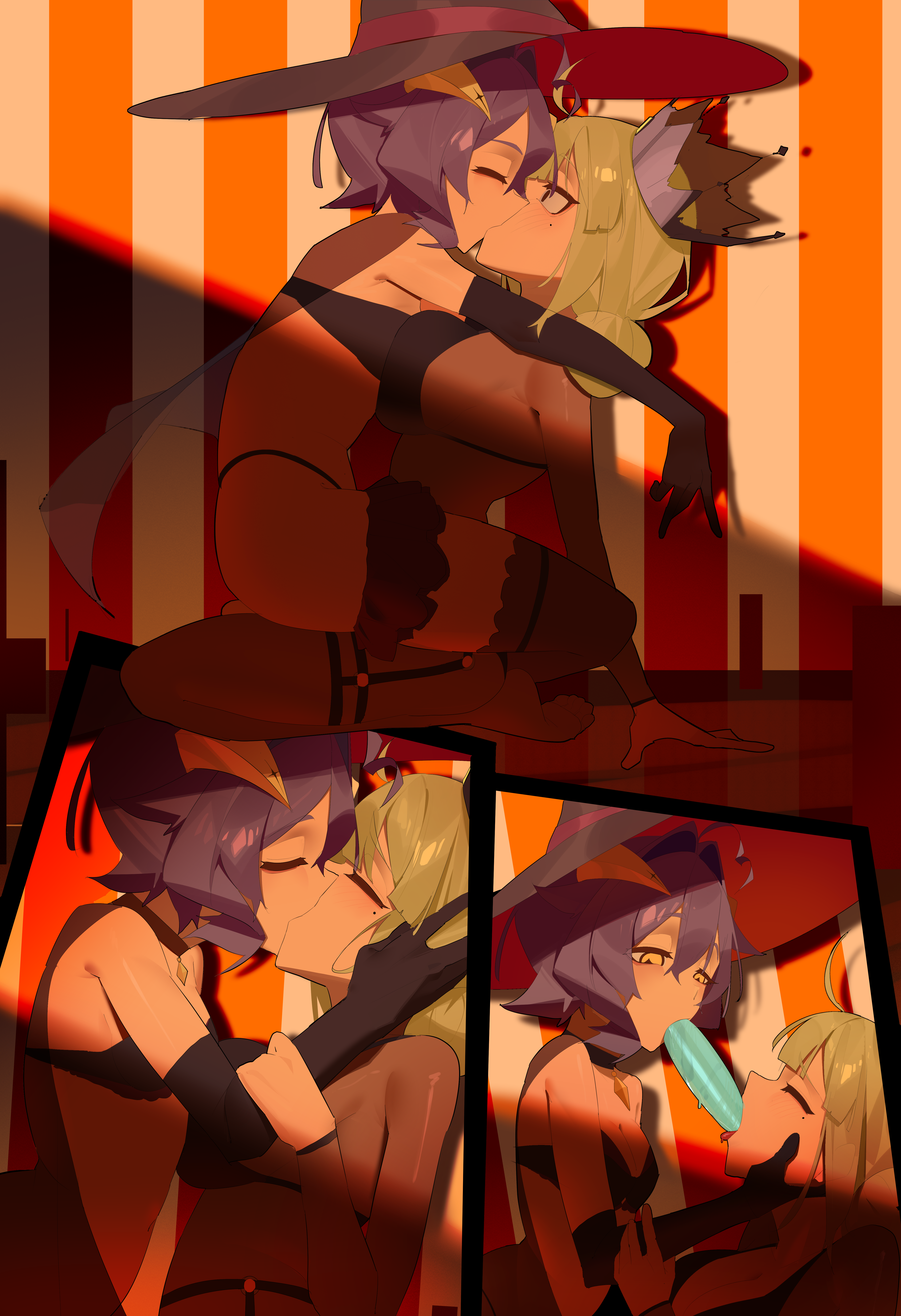 hakhpu, araga kiwi, hiiragi utena, mahou shoujo ni akogarete, absurdres, highres, 2girls, bare shoulders, black bra, black panties, black pantyhose, black thighhighs, blonde hair, bra, breasts, cleavage, closed eyes, from side, halloween costume, hat, highleg, highleg panties, kiss, large breasts, looking at another, multiple girls, multiple views, panties, pantyhose, purple hair, sitting, sitting on person, small breasts, thighhighs, underwear, witch hat, yellow eyes, yuri