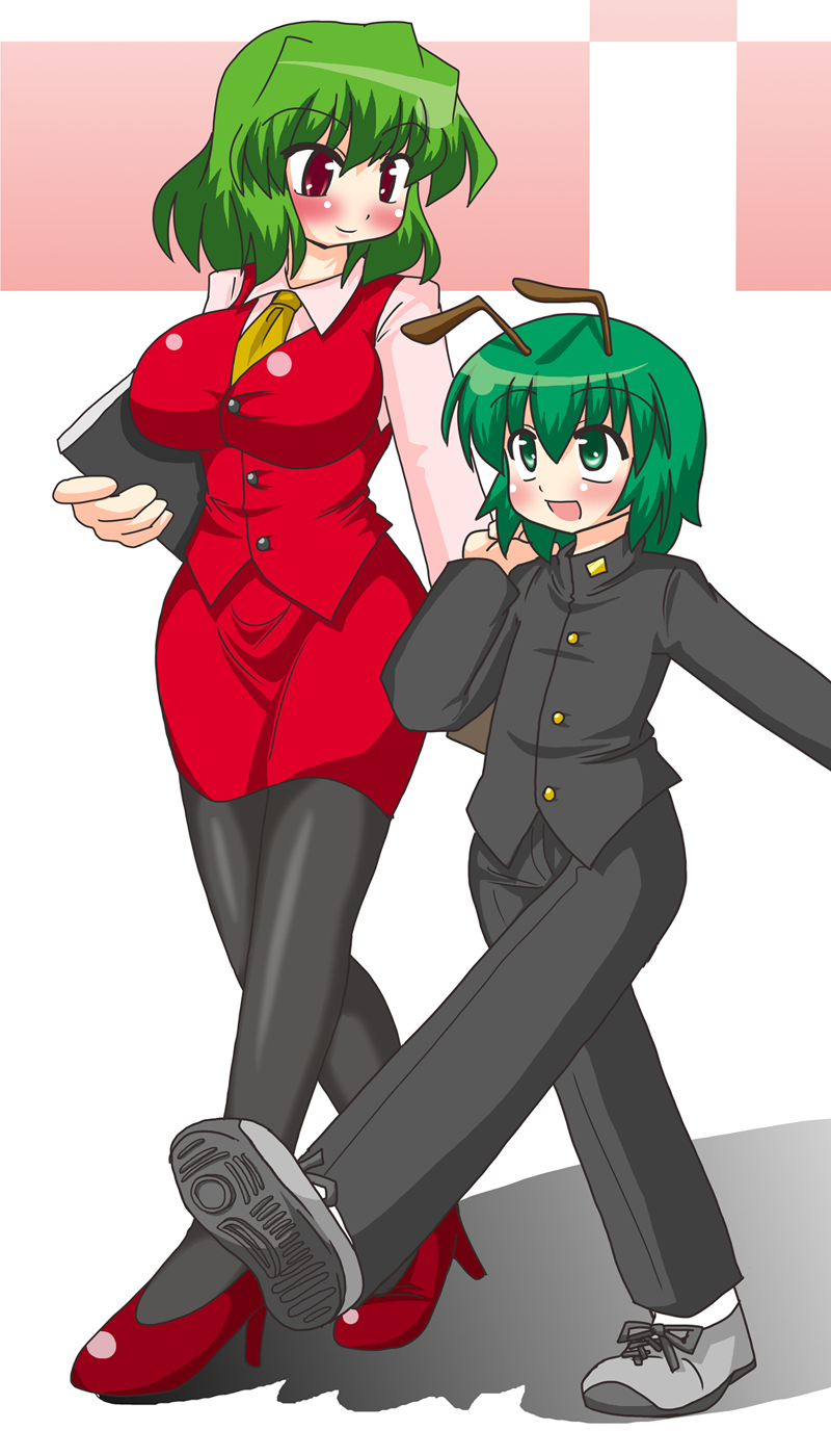 akasode (tyaramu), kazami yuuka, wriggle nightbug, touhou, highres, 2girls, alternate costume, androgynous, antennae, blush, breasts, crossdressing, crossdressing (ftm), female focus, green eyes, green hair, impossible clothes, large breasts, miniskirt, multiple girls, necktie, pantyhose, pencil skirt, red eyes, reverse trap, school uniform, short hair, skirt, skirt set, smile, teacher, teacher and student, vest, walking