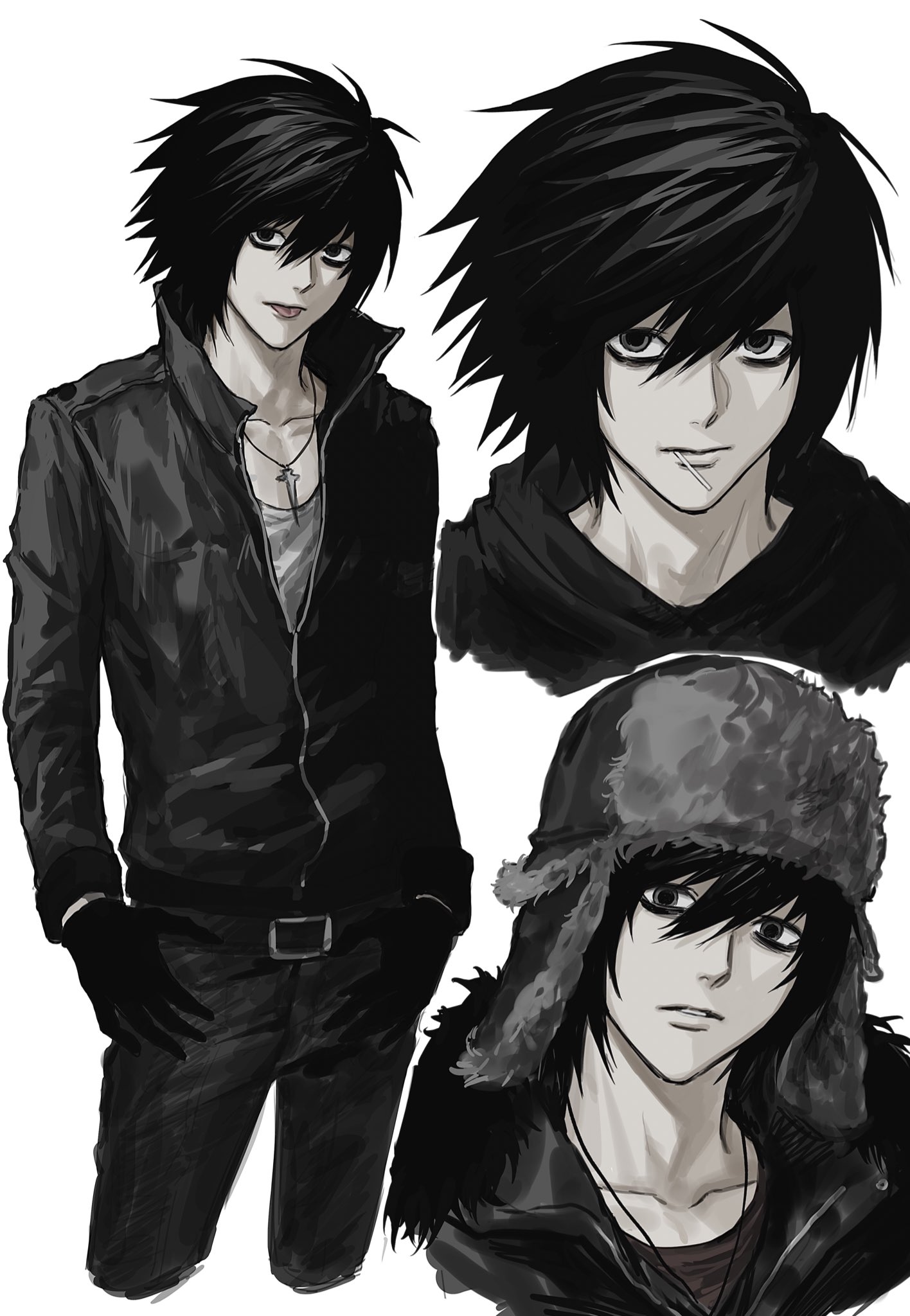 sso s, l (death note), death note, highres, 1boy, alternate costume, bags under eyes, black gloves, black hair, cropped legs, full-length zipper, fur trim, gloves, grey shirt, hair between eyes, hat, hood, hoodie, jacket, jewelry, lollipop in mouth, male focus, multiple views, necklace, partially unzipped, shirt, short hair, simple background, tongue, tongue out, ushanka, white background, zipper
