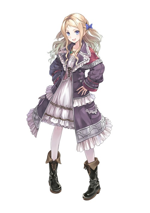 kishida mel, cuderia von feuerbach, atelier (series), atelier rorona, gust, official art, 1girl, :d, blonde hair, blue eyes, blush, boots, bow, coat, collarbone, dress, female focus, frills, full body, hair bow, hair ribbon, hands on own hips, jewelry, knee boots, long hair, long sleeves, necklace, one side up, open mouth, pantyhose, ribbon, simple background, sleeves past wrists, smile, solo, standing, two side up, white background, white pantyhose